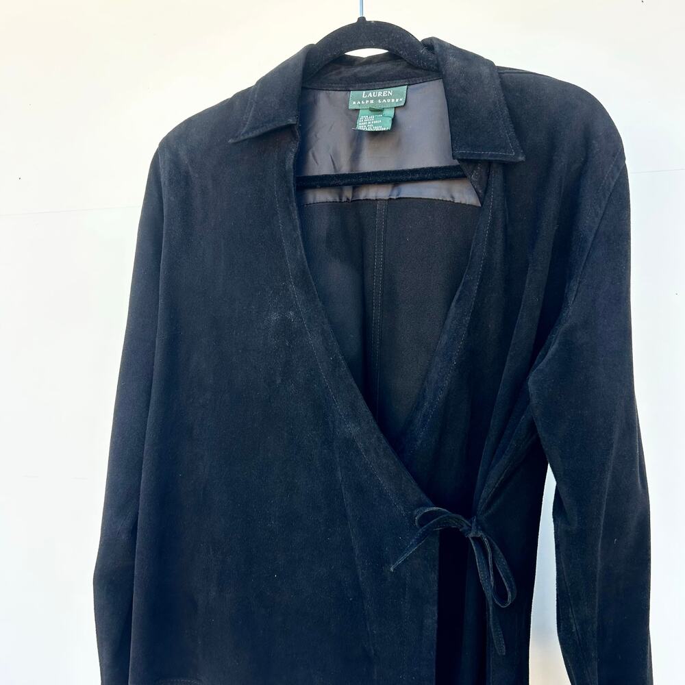 Vintage Y2K Ralph Lauren Suede Leather Wrap Long Sleeve Top Black Medium - Picture 5 of 11